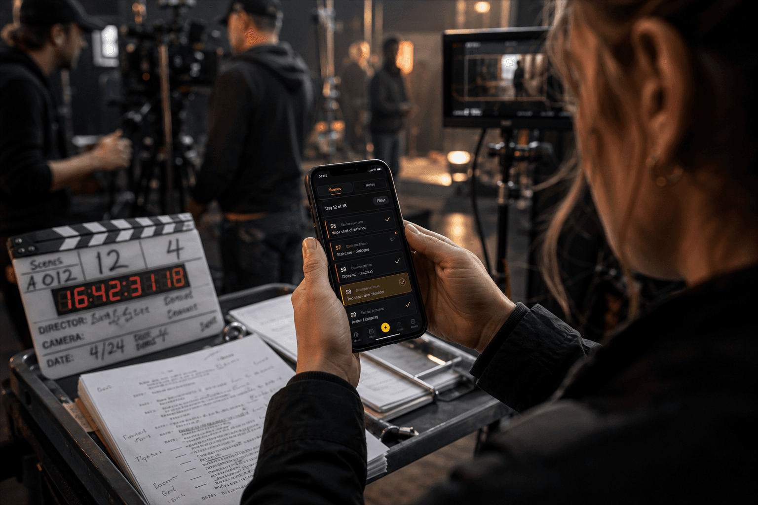 Production team member using a phone to log script information on set