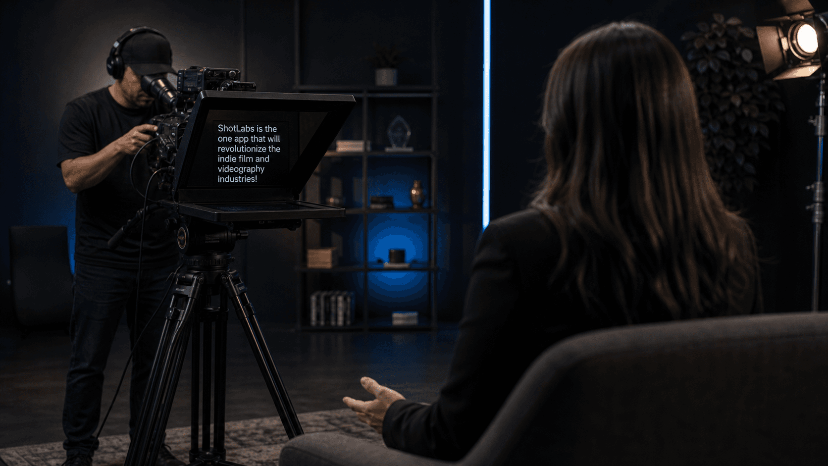 Over-the-shoulder view of talent reading from a tablet-fed camera-mounted teleprompter