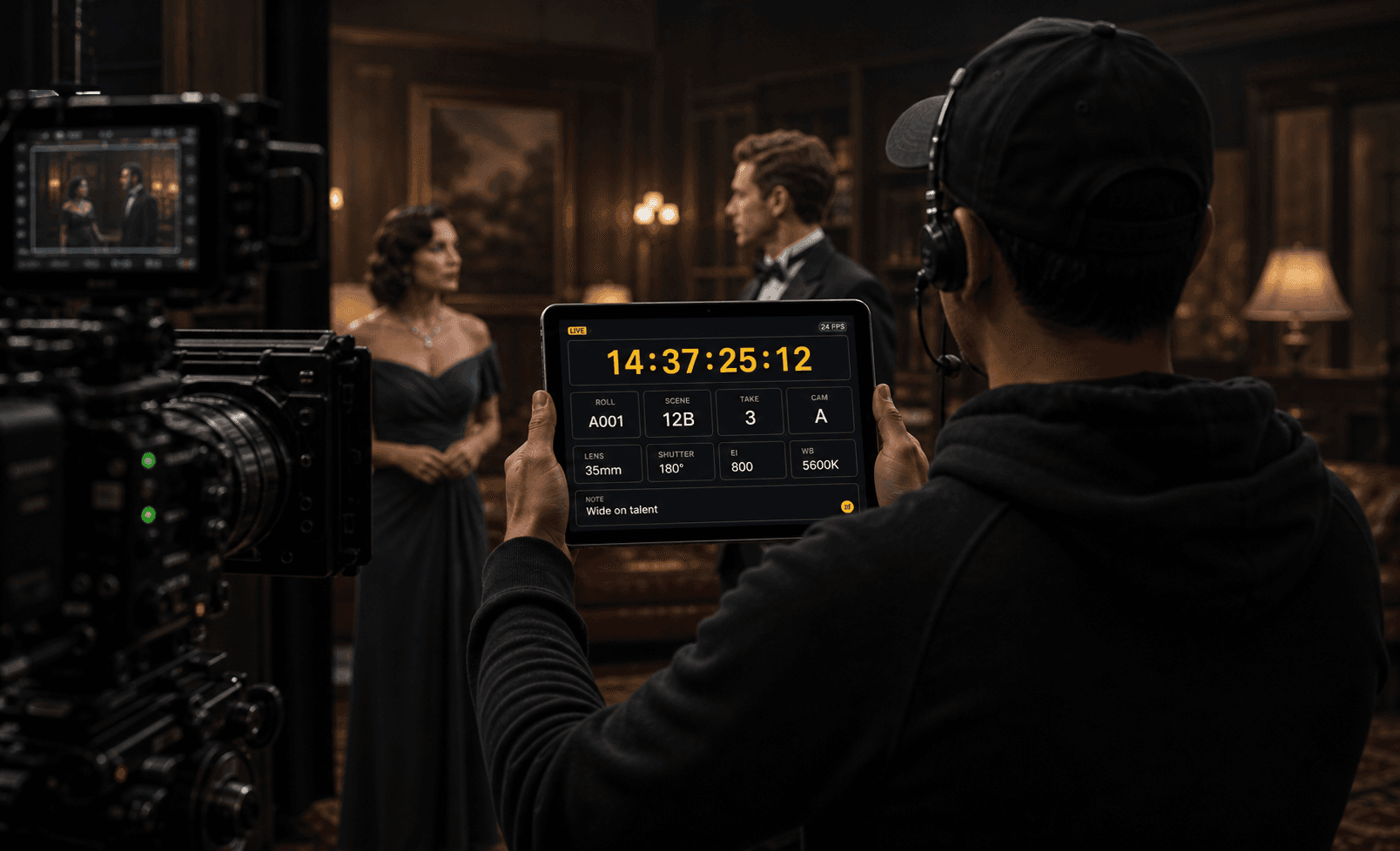 Assistant director holding a tablet smart slate with timecode and camera information on an active film set